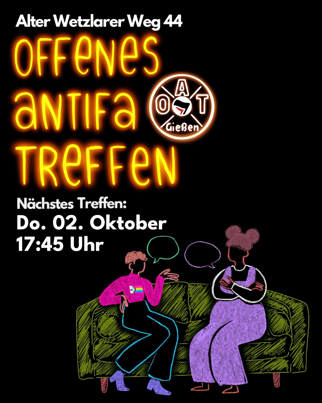 Antifa, Antifa Gießen Alter Wetzlarer Weg 44, Offenes Antifa Treffen, Nächstes Treffen: Do. 02. Oktober 17:45 Uhr Vor schwarzem Grund sind zwei gezeichnete Menschen welche auf einem Sofa sitzen und sich unterhalten.