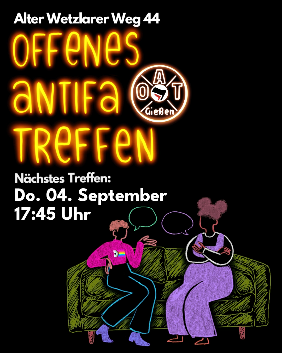Antifa, Antifa Gießen Alter Wetzlarer Weg 44, Offenes Antifa Treffen, Nächstes Treffen: Do. 04. September 17:45 Uhr Vor schwarzem Grund sind zwei gezeichnete Menschen welche auf einem Sofa sitzen und sich unterhalten.